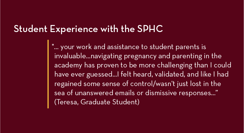 "... your work and assistance to student parents is invaluable...navigating pregnancy and parenting in the academy has proven to be more challenging than I could have ever guessed...I felt heard, validated, and like I had regained some sense of control/wasn't just lost in the sea of unanswered emails or dismissive responses...”(Teresa, Graduate Student)